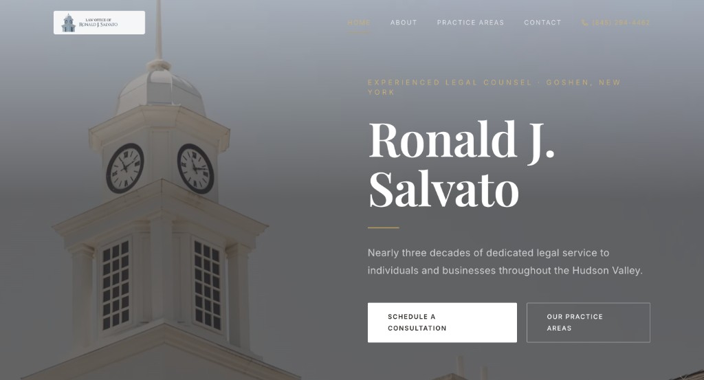 Law Office of Ronald J. Salvato website — custom attorney web design and development by LuminArch in Goshen, New York